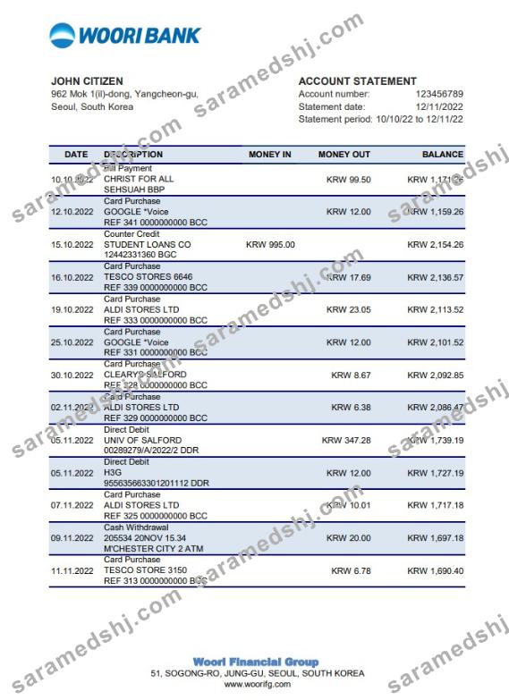 South Korea Woori bank statement xls
